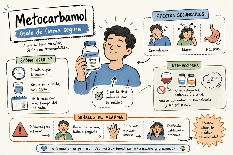 Cómo usar metocarbamol de forma segura: efectos secundarios, interacciones y señales de alarma Imagina esto: terminas un día de trabajo agotador o sufres una caída durante el entrenamiento, y al levantarte al día siguiente, el dolor muscular es tan intenso que no puedes girar el cuello ni enderezar la espalda. En esa situación, muchas personas en El Salvador llegan a la farmacia buscando algo que alivie el espasmo con rapidez. El metocarbamol es uno de los relajantes musculares que los médicos suelen recetar para estos casos. Se trata de un relajante de acción central ampliamente utilizado en el manejo del dolor musculoesquelético agudo. Su eficacia a corto plazo está documentada en décadas de uso clínico, aunque la evidencia disponible es de calidad variable y las revisiones sistemáticas no muestran una superioridad clara frente a otros relajantes de su clase. Como cualquier medicamento que actúa sobre el sistema nervioso central, usarlo sin información es arriesgado. Por eso en El Farmacéutico encontrarás este tipo de contenido verificado, pensado tanto para pacientes como para profesionales de la salud. En este artículo vas a entender cómo actúa el metocarbamol, qué dosis se manejan según el tipo de paciente, qué efectos adversos debes anticipar y, más importante aún, cuáles son las señales de alarma que exigen atención médica inmediata. Qué es el metocarbamol y cómo actúa sobre los músculos Para qué está indicado este relajante muscular El metocarbamol está aprobado para el tratamiento sintomático a corto plazo de los espasmos musculares dolorosos asociados a trastornos musculoesqueléticos agudos: contracturas, torceduras y lesiones similares. Pertenece al grupo de los ésteres del ácido carbámico, con código ATC M03BA03. Su papel es complementar el reposo, la fisioterapia y otras medidas, no reemplazar el tratamiento de la causa de fondo. Dicho de otra manera: si tienes una hernia discal o una fractura, este medicamento puede aliviar el espasmo que acompaña al dolor, pero no resuelve el problema estructural. Ese es un punto que muchos pacientes pasan por alto cuando buscan alivio rápido. Cómo actúa en el sistema nervioso central Su mecanismo exacto en humanos no está completamente establecido, pero la evidencia apunta a una depresión general del sistema nervioso central. Actúa inhibiendo la conducción refleja polisináptica en la médula espinal y en centros subcorticales, lo que reduce la actividad refleja que mantiene el espasmo activo. Igualmente relevante es lo que el metocarbamol no hace: no actúa directamente sobre el músculo, la placa neuromuscular ni la fibra nerviosa. A dosis terapéuticas, no altera la fuerza ni el tono muscular normal. No es un bloqueante neuromuscular periférico: su acción es central y sintomática. Dosis recomendadas según el tipo de paciente Adultos: cuánto tomar y con qué frecuencia La dosis habitual por vía oral en adultos es de 4 a 6 gramos al día, divididos en 3 o 4 tomas. En presentación de 750 mg, esto equivale a 2 comprimidos tres o cuatro veces al día. Para quienes disponen de tabletas de 500 mg, alcanzar esos mismos 4 a 6 gramos diarios implica tomar entre 2 y 3 comprimidos por toma, según la frecuencia que indique el médico. En cuadros graves, durante las primeras 48 a 72 horas, algunas fichas técnicas permiten una dosis mayor; el tope máximo varía según la presentación y puede situarse entre 7,5 y 8 gramos diarios, por lo que siempre debe prevalecer la indicación del prospecto específico que se esté usando. Los comprimidos se toman por vía oral con un vaso de agua. El tratamiento debe mantenerse el menor tiempo posible y suspenderse cuando el dolor o la contractura desaparezcan. Nunca aumentes la dosis ni la frecuencia por cuenta propia. Personas mayores, niños y vías de administración especiales En adultos mayores de 65 años, la recomendación es iniciar con aproximadamente la mitad de la dosis habitual, porque la eliminación del fármaco puede ser más lenta. En presentación de 750 mg, esto equivale a 1 comprimido tres o cuatro veces al día. Según los criterios Beers de la Sociedad Americana de Geriatría, los relajantes musculares de acción central en personas mayores se asocian con mayor riesgo de caídas, confusión y deterioro psicomotor, por lo que deben usarse con especial precaución y reevaluarse pronto si no hay beneficio claro. En menores de 18 años no se recomienda el uso general de este medicamento por falta de datos suficientes de seguridad y eficacia. La situación cambia con la presentación inyectable, tanto intravenosa como intramuscular, que es de uso exclusivamente hospitalario o clínico: la dosis y la velocidad de administración las determina el médico tratante, ya que el riesgo de efectos graves como hipotensión, bradicardia o convulsiones es considerablemente mayor por esta vía. En pacientes con enfermedad hepática, los aumentos de dosis deben ser graduales porque la eliminación puede prolongarse. Efectos secundarios del metocarbamol y señales de alarma Reacciones comunes que pueden aparecer al inicio Los efectos adversos más frecuentes son consecuencia directa de la acción del medicamento sobre el sistema nervioso central. La somnolencia, la sedación y el mareo son los más habituales, y afectan la capacidad de conducir o manejar maquinaria: no hagas ninguna de las dos actividades hasta que sepas cómo te afecta el medicamento. También se describen con frecuencia cefalea, náuseas, vómitos y visión borrosa. En general son transitorios y leves, pero deben comunicarse al médico si persisten o se intensifican. La confusión leve, la ansiedad y la sensación de debilidad se han notificado especialmente en personas mayores o cuando el fármaco se combina con otros sedantes. Señales de alarma que exigen atención médica urgente Estas situaciones requieren suspender el medicamento de inmediato y buscar atención médica sin esperar: • Dificultad para respirar, hinchazón de cara, labios, lengua o garganta (posible reacción anafiláctica). • Convulsiones o pérdida del conocimiento. • Latidos del corazón muy lentos o irregulares, desmayo o caída brusca de la presión arterial. • Confusión intensa, desorientación o imposibilidad de coordinar movimientos. • Coloración amarillenta de la piel o los ojos, que puede indicar afectación hepática. Ante cualquiera de estos síntomas, no esperes a que pasen solos. La intervención temprana puede marcar una diferencia importante en el desenlace. Contraindicaciones e interacciones que debes conocer Quién no debe tomar este medicamento El metocarbamol está contraindicado en personas con alergia conocida al principio activo o a alguno de sus excipientes. Tampoco debe usarse en pacientes en estado de coma o precoma, ni en quienes tengan patología cerebral conocida. Las personas con epilepsia o antecedentes de convulsiones no deben tomarlo, porque puede disminuir el umbral convulsivo y favorecer una crisis. En pacientes con miastenia gravis que usan inhibidores de la acetilcolinesterasa como la piridostigmina, el metocarbamol puede reducir el efecto de esos tratamientos. Por esa razón, muchas fichas técnicas lo consideran contraindicado en ese contexto. En insuficiencia renal grave, la presentación inyectable está particularmente contraindicada por su contenido en propilenglicol. Medicamentos y sustancias que no combinan bien El alcohol amplifica la somnolencia y el deterioro psicomotor de forma significativa. Debe evitarse por completo durante todo el tratamiento, no solo el día que se toma la pastilla. La combinación con opioides, benzodiacepinas, hipnóticos, barbitúricos, antipsicóticos sedantes o antihistamínicos de primera generación produce sedación aditiva y puede derivar en depresión respiratoria, que es una emergencia médica. Los medicamentos anticolinérgicos como la atropina, y algunos antidepresivos tricíclicos, potencian efectos como sequedad de boca, visión borrosa, retención urinaria y confusión. Incluso plantas y suplementos sedantes como la valeriana o el kava pueden incrementar la somnolencia de forma inesperada. La regla práctica es simple: comunica al médico o farmacéutico toda la medicación que estés tomando, incluyendo suplementos y productos de venta libre. Metocarbamol en el embarazo y la lactancia ¿Es seguro durante el embarazo? No puede considerarse seguro de forma rutinaria. La ficha técnica de la Agencia Española de Medicamentos y Productos Sanitarios (AEMPS) indica que se desconoce su potencial daño fetal y que se han comunicado casos aislados de anomalías fetales. La recomendación oficial es evitarlo, especialmente durante el primer trimestre, salvo que el beneficio médico justifique claramente el riesgo. Si tuviste una exposición puntual antes de saber que estabas embarazada, eso no implica necesariamente un daño, pero debes comunicárselo a tu obstetra. No suspendas un tratamiento prescrito sin consultarlo primero con el médico. Consideraciones durante la lactancia Los datos disponibles son limitados. Se desconoce si el medicamento pasa en cantidad significativa a la leche materna. Según la base de datos e-lactancia, la valoración actual es de compatibilidad probable: si su uso es necesario, se recomienda la dosis mínima eficaz, esperar aproximadamente 2 horas antes de amamantar y vigilar en el bebé signos de somnolencia, menor alimentación o dificultad para respirar. Se desaconseja en lactantes menores de 1 mes. Cuando sea posible, deben considerarse alternativas mejor estudiadas. La decisión final debe tomarla el médico tratante valorando el caso individual. Dónde informarte y cuándo consultar a un especialista en El Salvador Presentaciones disponibles y cómo acceder a ellas En el mercado salvadoreño pueden encontrarse principalmente tabletas de 500 mg y 750 mg, tanto en presentaciones genéricas como en marcas conocidas como Robaxin, aunque la disponibilidad exacta conviene verificarla en el registro de la Dirección Nacional de Medicamentos o directamente en la farmacia. También existen combinaciones con analgésicos como meloxicam o ibuprofeno, bajo nombres comerciales como Dolocam Plus, Flexiver Compuesto o Robax Gold, entre otros. Cada combinación tiene su propio perfil de seguridad, por lo que es importante revisar el principio activo, la concentración y las contraindicaciones de la presentación específica que se te recete. Según las fichas técnicas del fabricante, la dispensación de este relajante muscular suele requerir receta médica, y la regulación exacta puede variar. No debe adquirirse sin prescripción ni usarse para tratar dolor crónico sin diagnóstico previo. Para verificar disponibilidad, precios o equivalencias entre marcas, El Farmacéutico pone a disposición su base de datos farmacológica, con información confiable tanto para profesionales como para pacientes. El directorio médico de El Farmacéutico como punto de partida Si el espasmo muscular no mejora con el tratamiento, si aparecen señales de alarma, o si perteneces a un grupo especial, como embarazada, adulto mayor o persona con epilepsia, la consulta con un especialista es el paso correcto. No es el momento de buscar respuestas en foros o ajustar la dosis por cuenta propia. El Farmacéutico cuenta con un directorio médico organizado por departamento y por especialidad, lo que facilita encontrar al médico adecuado: médico general, ortopedista, neurólogo o internista, según lo que requiera tu situación. El portal opera con medidas de seguridad para proteger tus datos durante la navegación, algo que importa cuando se busca información de salud en línea. Lo que debes llevarte de este artículo El metocarbamol es un relajante muscular de acción central útil para los espasmos musculares agudos. Su uso seguro depende de respetar la dosis prescrita, identificar las contraindicaciones de tu caso y reconocer a tiempo las señales que exigen atención urgente. No es un medicamento para automedicarse a largo plazo ni para combinarlo con alcohol, opioides o sedantes. Si tienes dudas sobre dosis, presentaciones o posibles interacciones con otros medicamentos que tomas, consulta la información actualizada en El Farmacéutico. Y si los síntomas no mejoran o aparece alguna señal de alarma, busca al especialista adecuado a través del directorio médico organizado por departamento y especialidad disponible en el portal. Tu salud merece información verificada y atención profesional oportuna